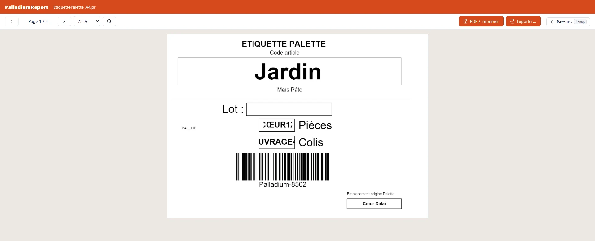 Aperçu d'un document dans Palladium Report